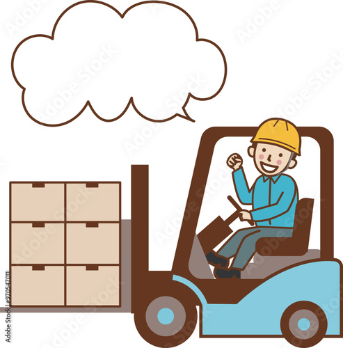 フォークリフトで荷物を運び、ガッツポーズをする男性作業員。