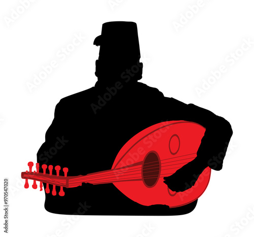 Arab man play oud, lute or mandola vector silhouette isolated traditional music instrument Asia. Islamic culture shape. Musician middle east popular street performer tourist attraction. Oriental event