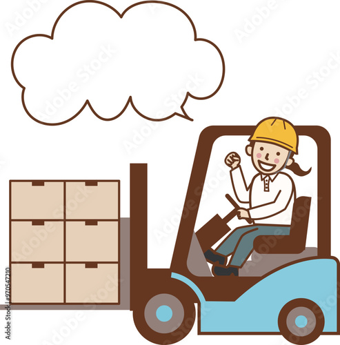 フォークリフトで荷物を運び、ガッツポーズをする女性作業員。