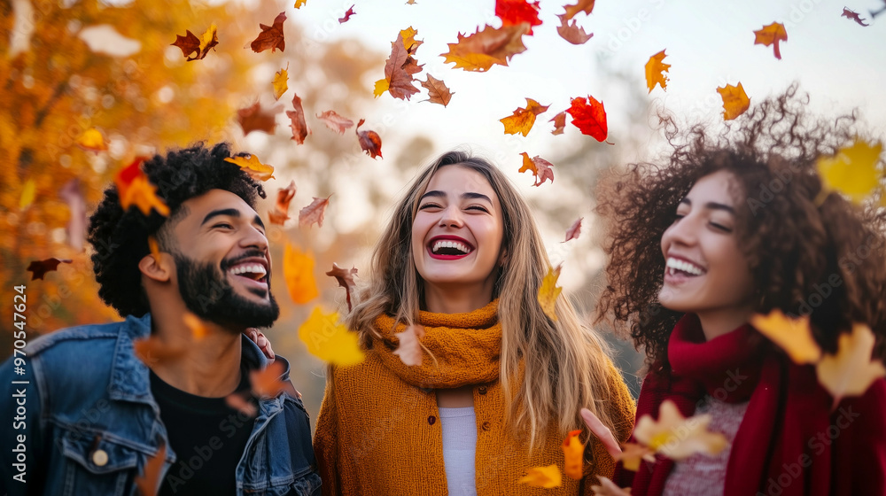 Obraz premium Friends joyfully celebrating autumn by playing with falling leaves in a park during sunset