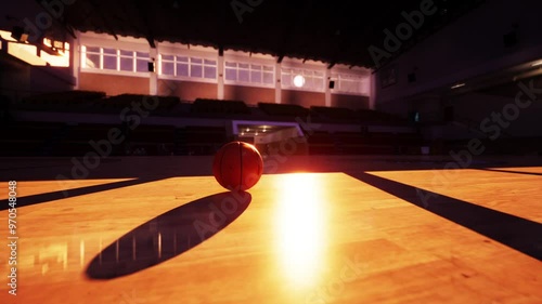 A basketball rests on an old empty court, with a building visible in the background. photo