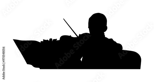 Young man playing violin vector silhouette illustration isolated on white background. Classic music performer concert. Musician artist amusement public. Violin virtuoso. Boy plays string instrument.