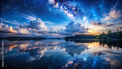 Tranquil night scene with clouds reflecting on lake under starry sky