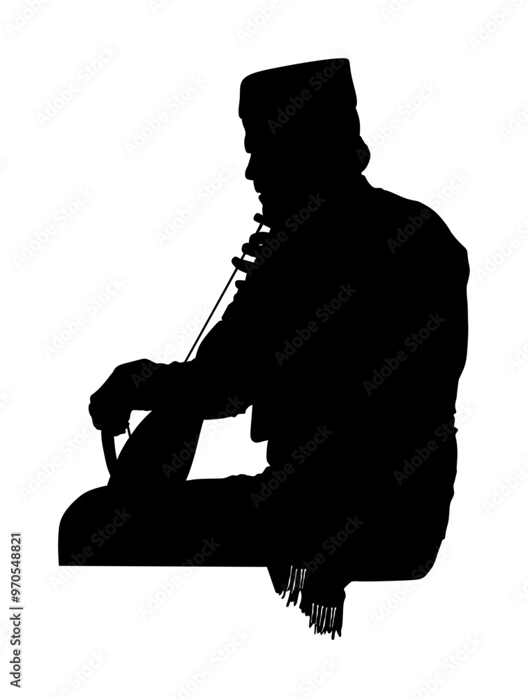 Guslar play gusle vector silhouette illustration isolated. Traditional music instrument from Montenegro and Serbia. Balkan musician player and singer shape shadow. Folklore artist event. Guslar play gusle vector silhouette illustration isolated. Traditional music instrument from Montenegro and Serbia. Balkan musician player and singer shape shadow. Folklore artist event.