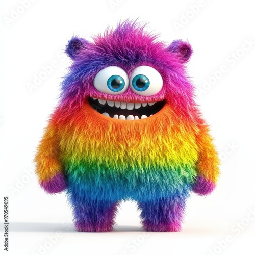 Cute rainbow furry monster 3D cartoon character 
