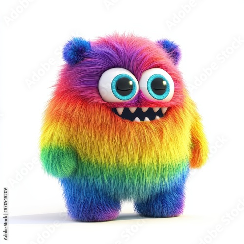 Cute rainbow furry monster 3D cartoon character 
