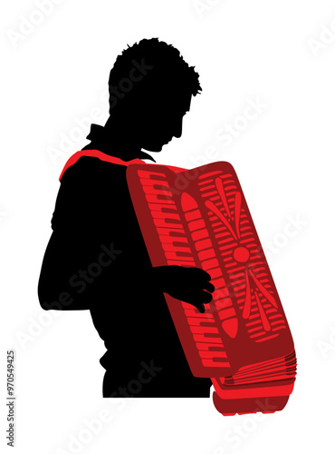 Musician accordion man vector silhouette Illustration isolated. Boy music artist event street entertainment. Performer amusement public. Jazz man. Accordionist male music instrument harmonica player. 