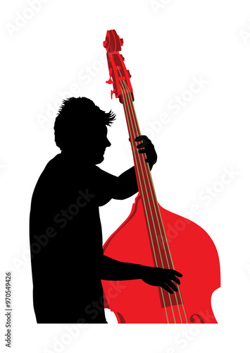 Man playing contrabass vector silhouette illustration isolated. Music man with contra bass standing on concert event stage. Double bass performer shape shadow. Classic musician with string instrument.