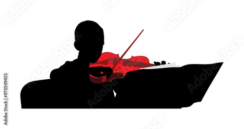 Young man playing violin vector silhouette illustration isolated on white background. Classic music performer concert. Musician artist amusement public. Violin virtuoso. Boy plays string instrument.