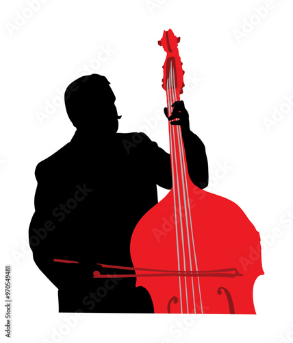Man playing contrabass vector silhouette illustration isolated. Music man with contra bass standing on concert event stage. Double bass performer shape shadow. Classic musician with string instrument.