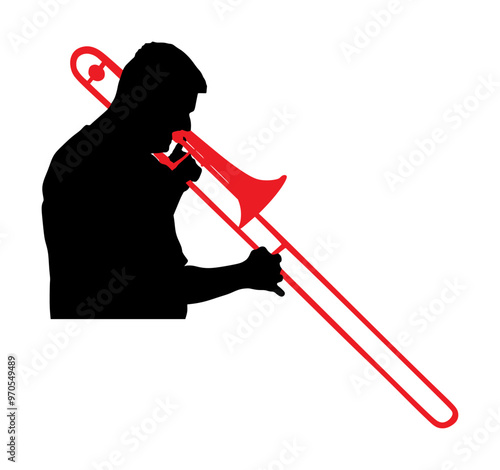 Trombone player vector silhouette illustration isolated. Music man play wind instrument. Artist jazz man. Bugler street performer. Boy musician play trumpet. Public entertainment. Classic music event.