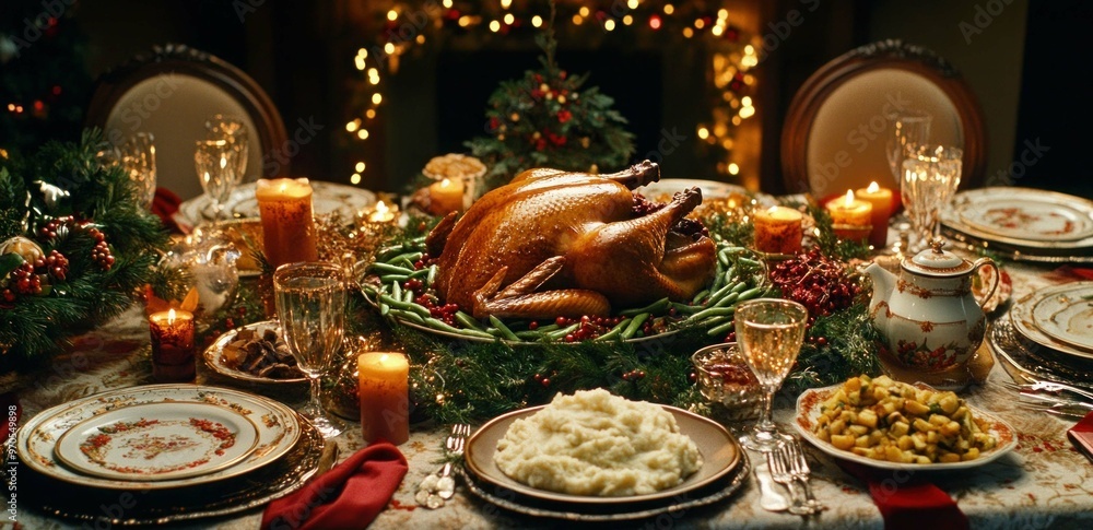Aesthetic red-themed Christmas dinner table setting with wine glasses and nice tableware with gold accents Aesthetic red-themed Christmas dinner table setting with wine glasses and nice tableware with gold accents