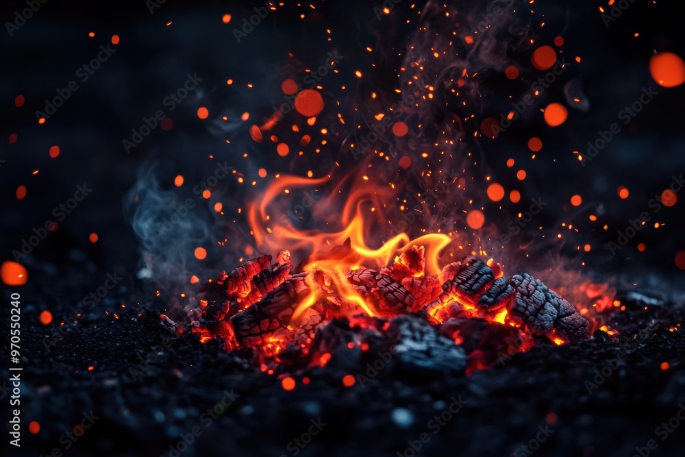 Embers flowing into the air from a campfire at night, glowing red and orange as they ascend. Embers flowing into the air from a campfire at night, glowing red and orange as they ascend.