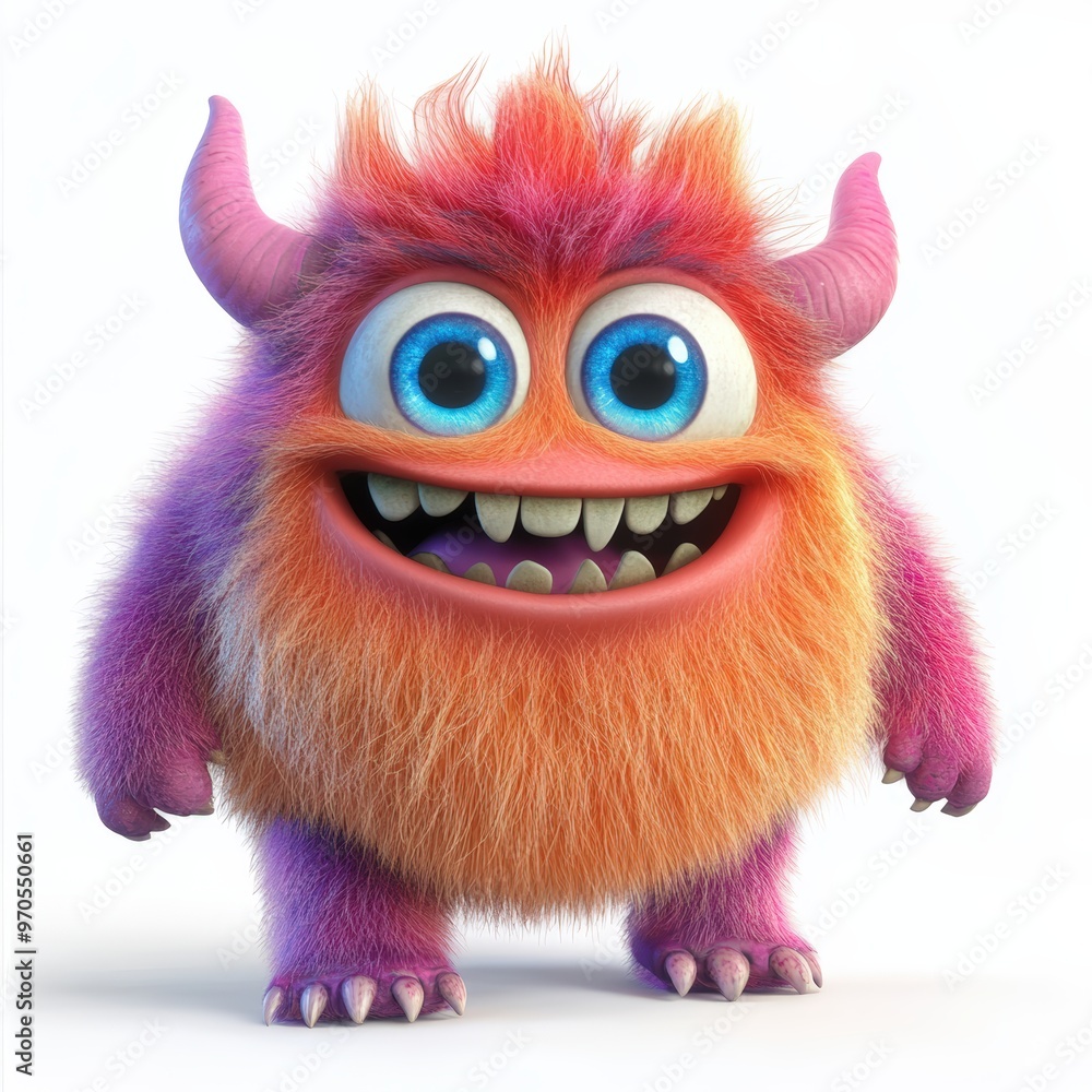 Cute colored furry monster 3D cartoon character.
Cute colored furry monster 3D cartoon character.