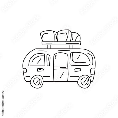 Hand drawn doodle of a van or campervan with luggage on the roof.
