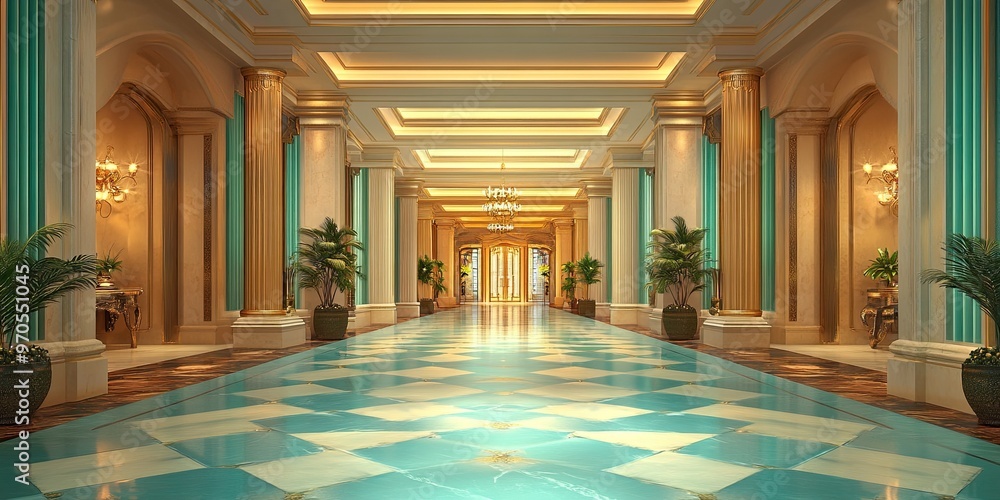 Fototapeta premium expensive hotel lobby with luxury light green wooden panels, carvings royal style and elegant glowing floor
