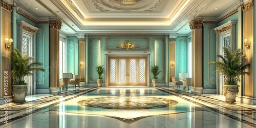 expensive hotel lobby with luxury light green wooden panels, carvings royal style and elegant glowing floor 