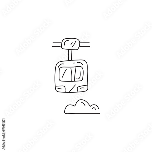 Hand-drawn doodle of a cable car or gondola in the sky above clouds. Illustration of transportation, travel, and adventure.