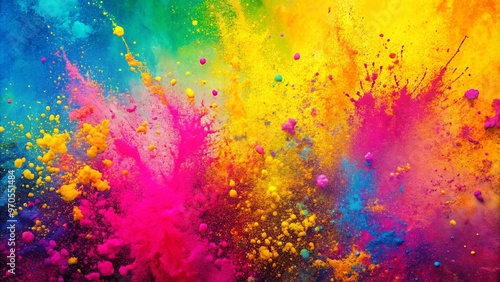 Vibrant splattered paint textures in neon yellow and magenta with gradients on colorful background