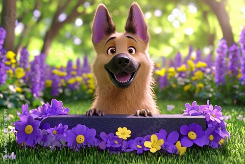 Happy Cartoon Dog in Flower Garden