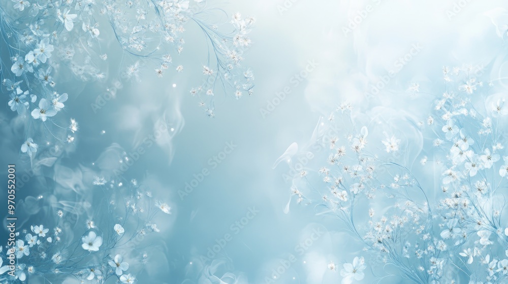 Delicate swirls of tiny flowers flowing across a soft white-light blue background, creating a graceful and enchanting floral pattern Delicate swirls of tiny flowers flowing across a soft white-light blue background, creating a graceful and enchanting floral pattern