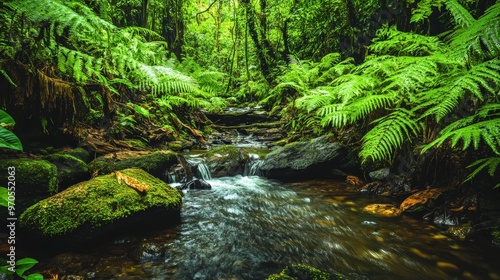 lush rainforest with a river running through it, captured with a green screen background.