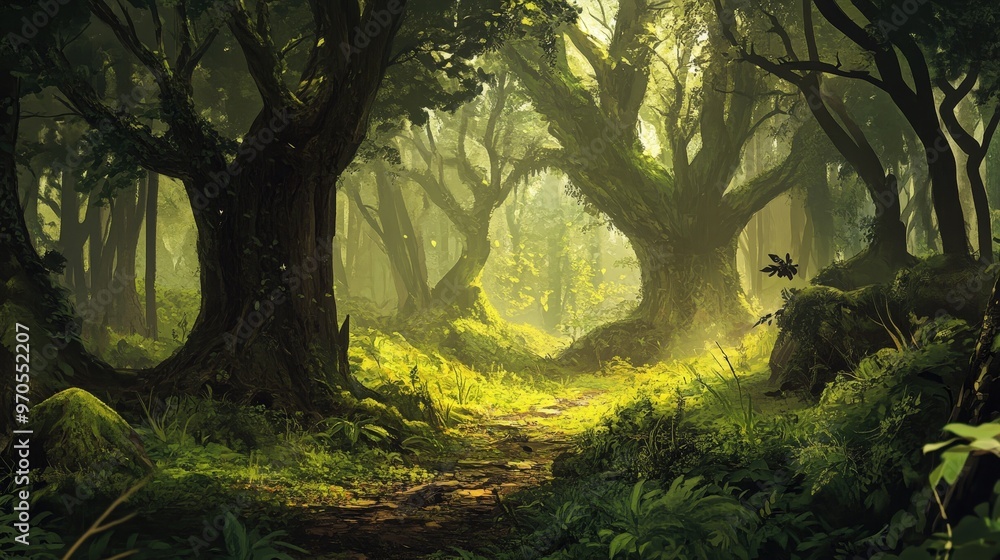 lush, temperate forest with towering trees and a dense undergrowth.