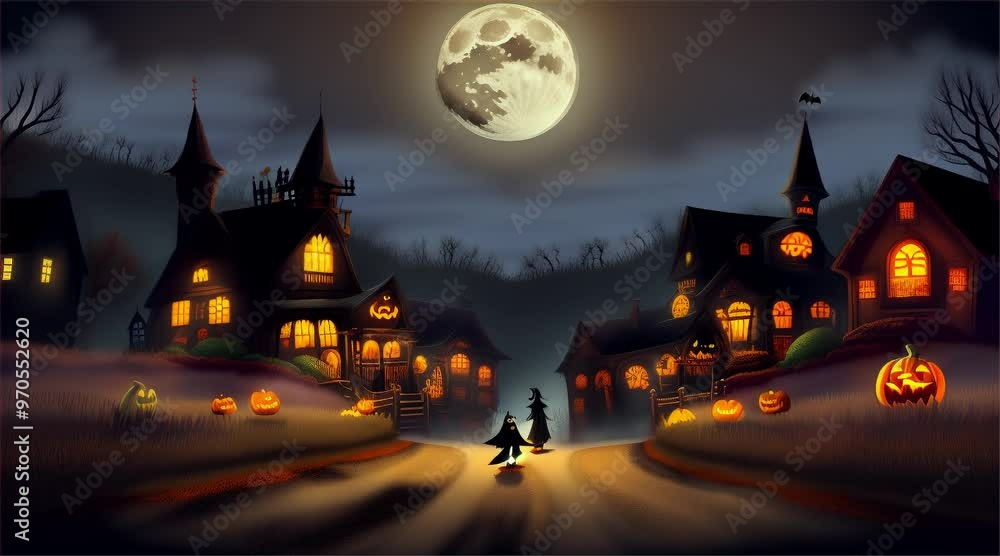 Happy Halloween party poster with orange and brown autumn background with night clouds, full moon, witch, pumpkin, magic, spider web, flying bats and spooky castle. Halloween-themed greeting card Happy Halloween party poster with orange and brown autumn background with night clouds, full moon, witch, pumpkin, magic, spider web, flying bats and spooky castle. Halloween-themed greeting card