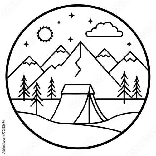 mountain camping outline coloring book page line art drawing photo