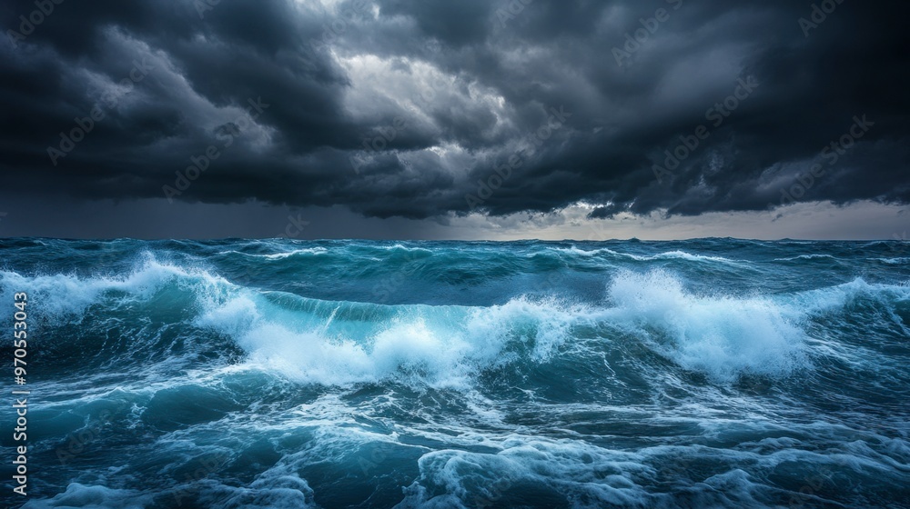Fototapeta premium A stormy sea with large, churning waves and dark, ominous clouds overhead, highlighting the ocean's formidable power.
