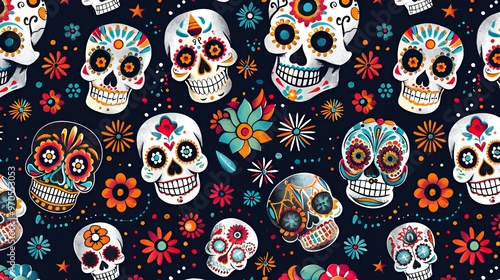 Colorful sugar skulls with floral designs on a black background.