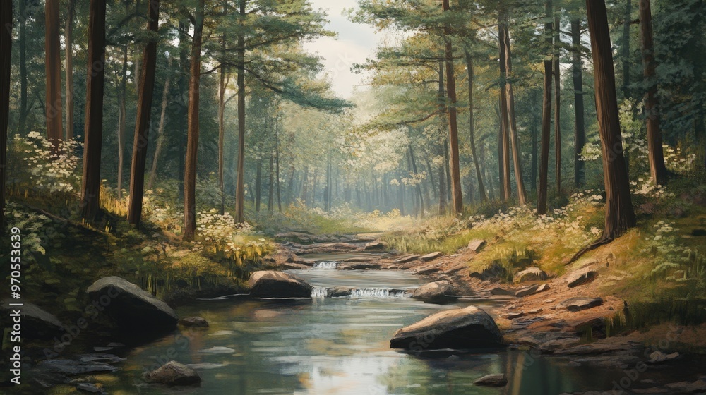 Obraz premium peaceful pine forest with a gentle stream flowing through it.
