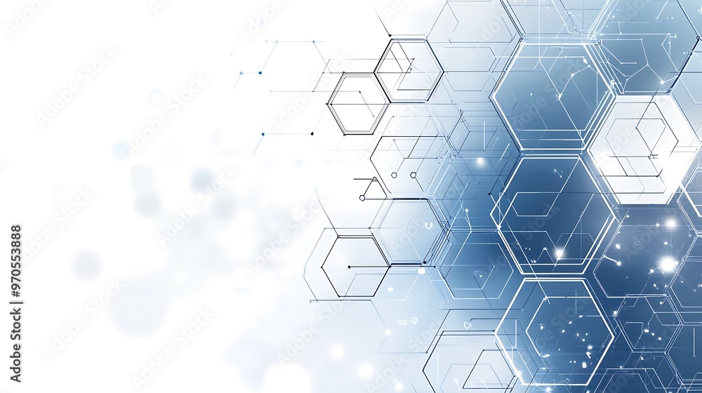 Abstract Blue and White Hexagon Pattern with Lines and Glowing Spots Abstract Blue and White Hexagon Pattern with Lines and Glowing Spots