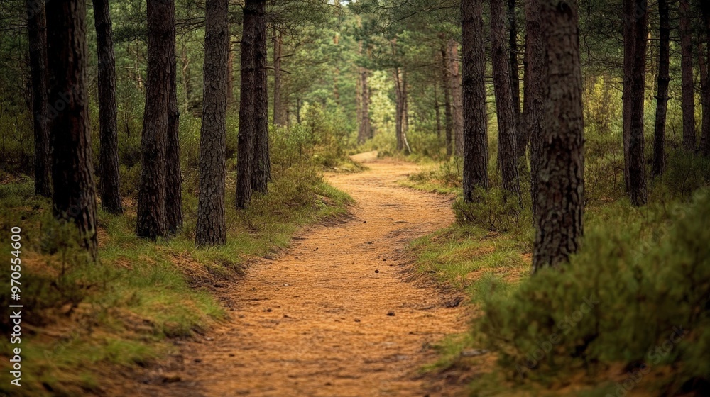Obraz premium pine forest with a winding trail covered in a bed of pine needles.