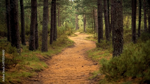 pine forest with a winding trail covered in a bed of pine needles.