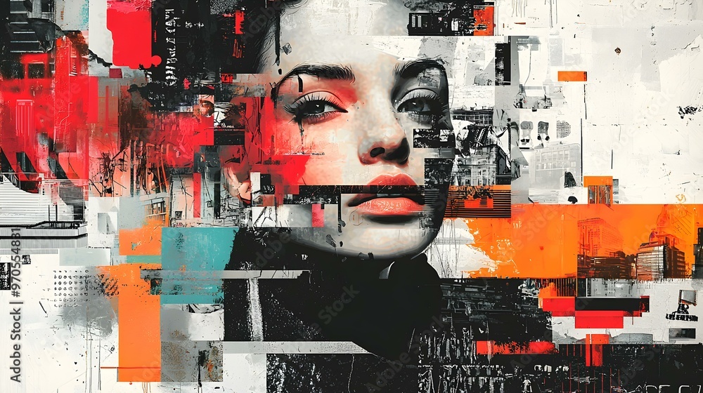 Naklejka premium Urban Fusion, a vibrant blend of street art and contemporary design, showcasing bold colors, dynamic shapes, and cultural expressions in a modern collage.