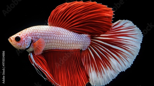 A striking halfmoon betta fish with a fully spread tail fin, showing off its vibrant red and white colors in clear water. photo