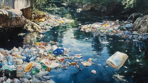 polluted river with garbage strewn across its surface photo