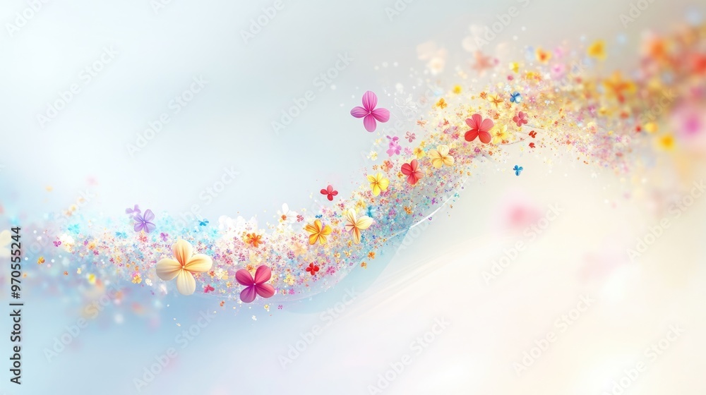 Elegant swirling lines of tiny colorful flowers, flowing across a soft white-light pastel background, creating a vibrant, dynamic effect Elegant swirling lines of tiny colorful flowers, flowing across a soft white-light pastel background, creating a vibrant, dynamic effect