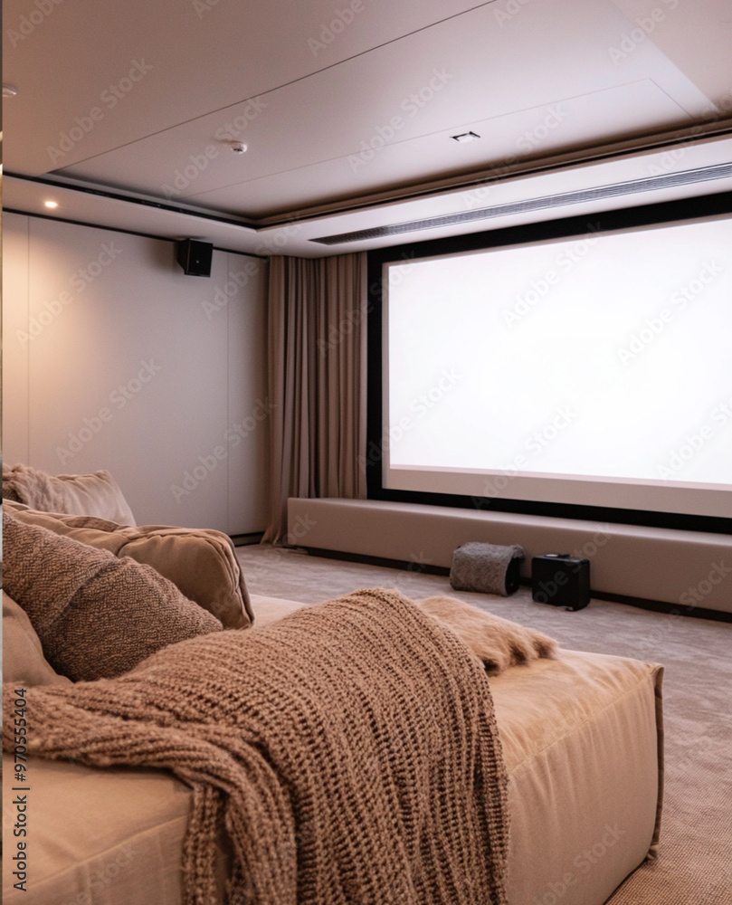 Photo of a modern home theater with a white sofa and blanket, a carpet on the floor, a large screen, warm lighting, and wood elements Photo of a modern home theater with a white sofa and blanket, a carpet on the floor, a large screen, warm lighting, and wood elements