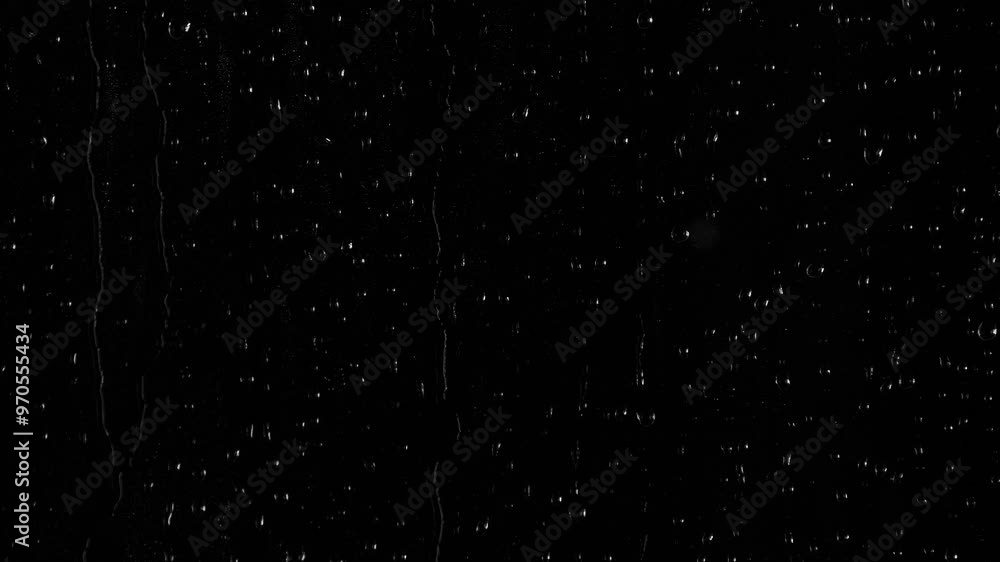 Closeup water rainfall, rain drops falling on window glass over black background Closeup water rainfall, rain drops falling on window glass over black background