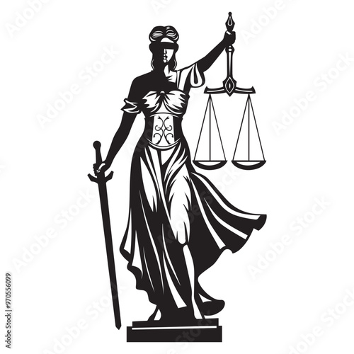 blind Justice lady clipart - Statue of Justice vector illustration in black and white