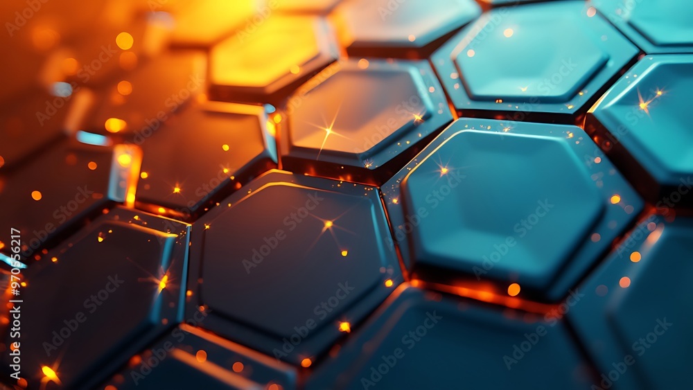 A striking abstract background featuring a pattern of hexagons in vibrant shades of blue, orange, and black. Ideal for technology, science, or modern design themes. A striking abstract background featuring a pattern of hexagons in vibrant shades of blue, orange, and black. Ideal for technology, science, or modern design themes.