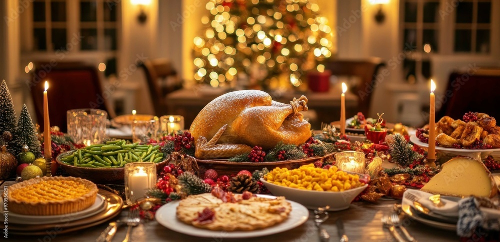Aesthetic red-themed Christmas dinner table setting with wine glasses and nice tableware with gold accents Aesthetic red-themed Christmas dinner table setting with wine glasses and nice tableware with gold accents