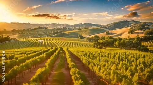 Wallpaper Mural A stunning vineyard with rolling hills, lush greenery, and a golden sunset, A picturesque vineyard with rolling hills Torontodigital.ca