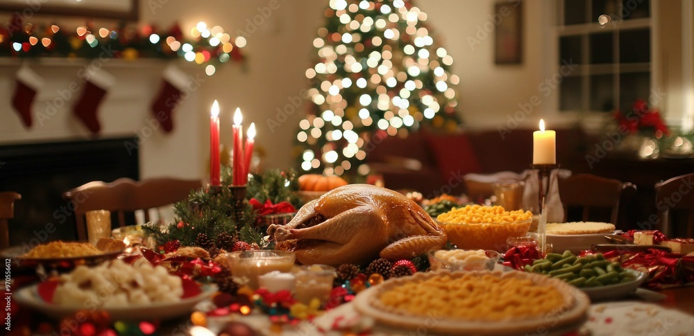 Aesthetic red-themed Christmas dinner table setting with wine glasses and nice tableware with gold accents Aesthetic red-themed Christmas dinner table setting with wine glasses and nice tableware with gold accents