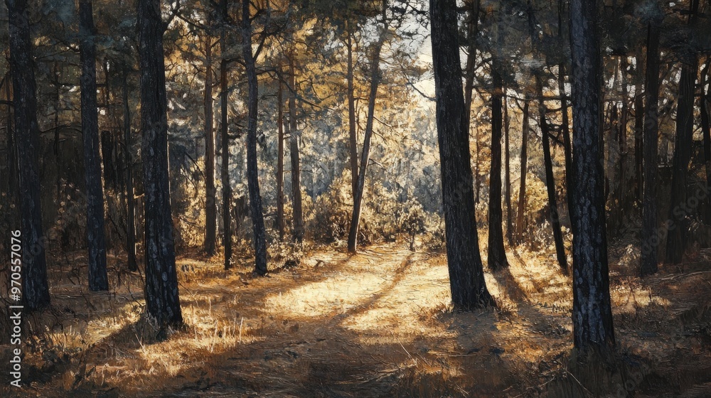 serene pine forest with a small clearing bathed in soft sunlight. serene pine forest with a small clearing bathed in soft sunlight.