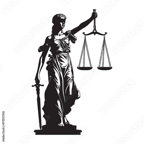 blind Justice lady clipart - Statue of Justice vector illustration in black and white