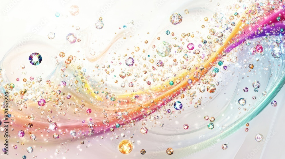 Intricate swirling lines of colorful tiny jewels and sparkling diamonds, flowing across a dynamic pastel-soft white background, forming a delicate design Intricate swirling lines of colorful tiny jewels and sparkling diamonds, flowing across a dynamic pastel-soft white background, forming a delicate design
