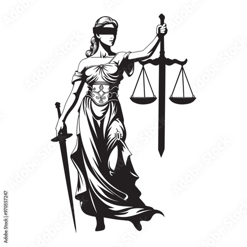 blind Justice lady clipart - Statue of Justice vector illustration in black and white